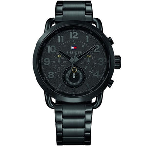 Tommy Hilfiger Eton 1791423 men's watch featuring a 40mm black ion-plated case, black dial, and matching black stainless steel link bracelet