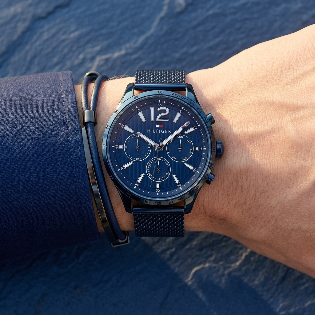 Close up of Tommy Hilfiger Gavin 1791471 men's quartz battery watch on wrist showing blue textured dial and blue mesh bracelet
