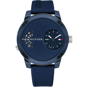 Tommy Hilfiger Denim 1791556 men's quartz battery watch with blue dial, dual-time display, blue-tone case, blue rubber strap main view