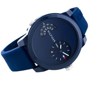 Side profile of Tommy Hilfiger Denim 1791556 men's quartz battery watch showing 11mm thickness and blue finish