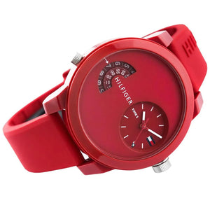 Left angled view of Tommy Hilfiger Denim 1791557 men's quartz battery watch showing red rubber strap and red-tone case profile