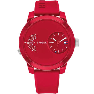 Tommy Hilfiger Denim 1791557 men's quartz battery watch with red dial, dual-time display, red-tone case, red rubber strap main view