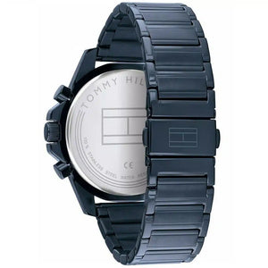 Left side perspective of the Tommy Hilfiger 1791560 blue dial and blue metal bracelet