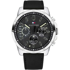 Tommy Hilfiger Oliver 1791563 men's watch featuring a silver stainless steel case, textured black multi-function dial, and black rubber strap
