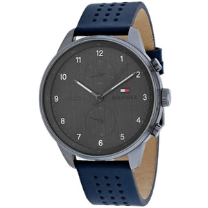 Right angled view of Tommy Hilfiger Chase 1791578 men's quartz battery watch highlighting gunmetal finish and blue dial accents