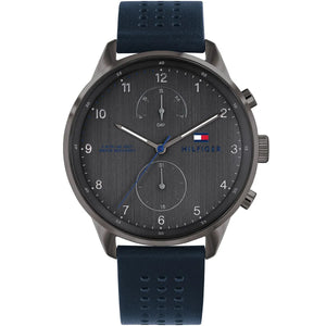 Tommy Hilfiger Chase 1791578 men's quartz battery watch with gray dial, gunmetal case, blue leather strap main view
