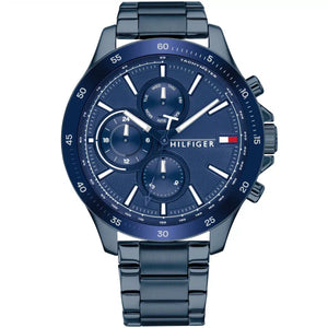 Tommy Hilfiger Bank 1791720 men's watch featuring a full blue ion-plated stainless steel design, multi-function dial, and tachymeter bezel