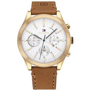 Close up shot of Tommy Hilfiger 1791742 watch on wrist showing the white multifunction dial details
