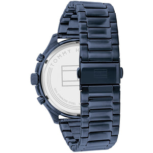 Caseback of Tommy Hilfiger Asher 1791853 men's quartz battery watch showing technical specs blue dial and metal bracelet