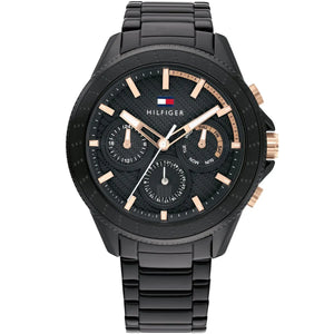 Tommy Hilfiger Aiden 1791858 men's watch featuring a black stainless steel case, multi-function dial with gold-tone accents, and black link bracelet