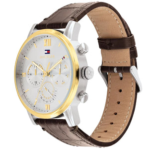 Angled Profile Right View of 1791884 Tommy Hilfiger Sullivan Watch Case and genuine leather flexible brown flexible genuine leather genuine brown genuine leather strap visual causally casual casualties visual distinctive distinctive