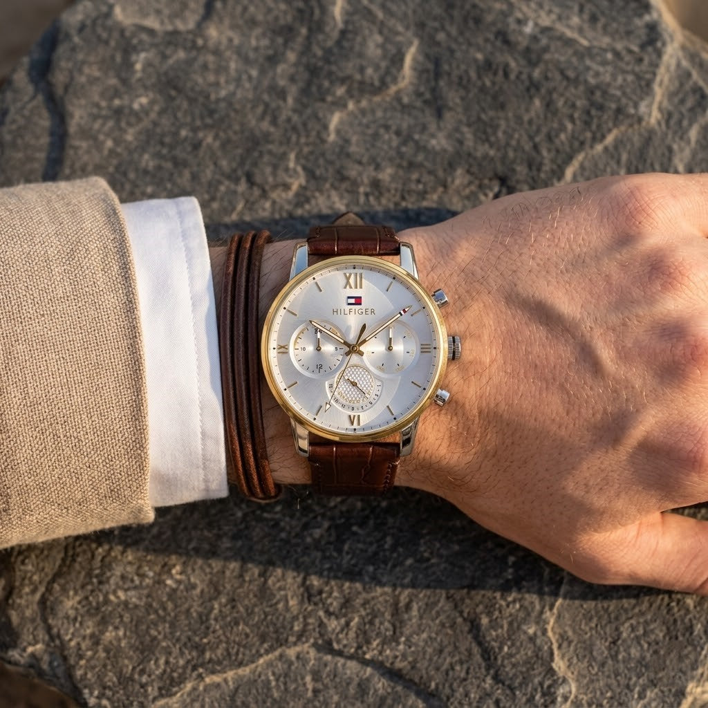 Hand wearing a watch with a brown leather strap on a textured surface