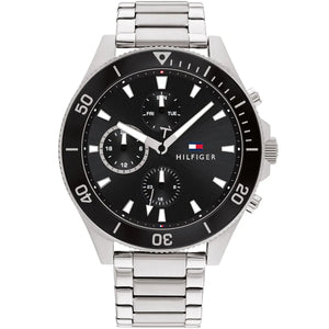 Authentic real-life photo of Tommy Hilfiger 1791916 showing actual silver shine and black sunray dial