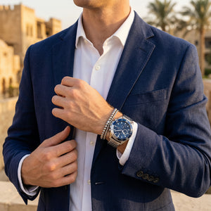 Lifestyle photo of Tommy Hilfiger 1791917 showing the watch on a man's wrist with silver bracelet