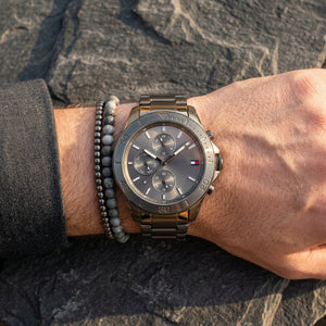 Close up shot of Tommy Hilfiger 1791918 on wrist showing grey dial and sub-dial counters