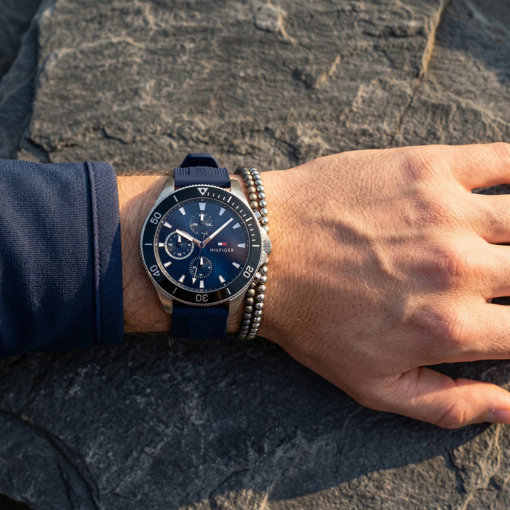 Close up shot of Tommy Hilfiger 1791920 on wrist showing blue dial and sub-dial counters