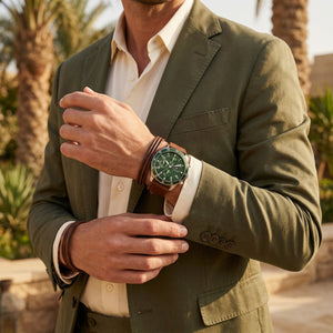 Lifestyle photo of Tommy Hilfiger 1791948 showing the watch on a man's wrist with brown leather strap