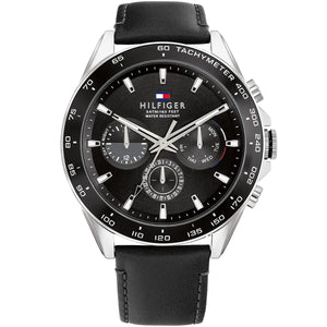 Tommy Hilfiger Damon 1791964 men's watch featuring a silver stainless steel case, textured black multi-function dial, and black leather strap