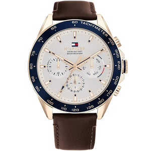 Tommy Hilfiger Damon 1791966 men's watch featuring a gold-tone stainless steel case, textured white multi-function dial, and brown leather strap