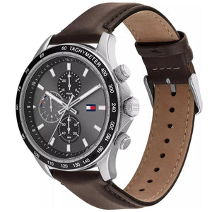 Side profile of Tommy Hilfiger Miles 1792015 men's quartz battery watch showing 11mm thickness and silver finish