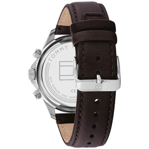 Caseback of Tommy Hilfiger Miles 1792017 men's quartz battery watch showing technical specs green dial and leather strap