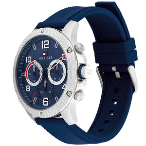 Angled real-life photo of Tommy Hilfiger 1792027 showing the silver case and rubber texture