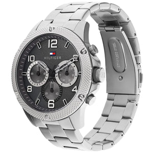 Angled real-life photo of Tommy Hilfiger 1792029 showing the silver case and knurled bezel