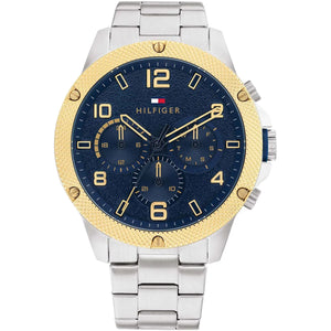 Authentic real-life photo of Tommy Hilfiger 1792031 showing actual silver shine and blue textured dial