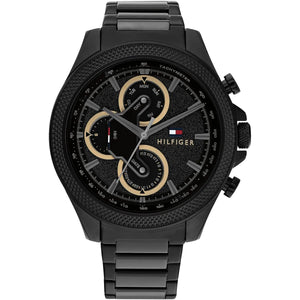 Tommy Hilfiger Clark 1792081 men's watch featuring a black stainless steel case, multi-function textured black dial with gold-tone accents, and black link bracelet