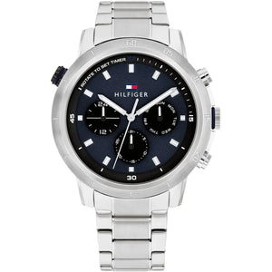 Tommy Hilfiger Troy 1792104 men's watch featuring a silver stainless steel case, multi-function blue dial, and silver-tone link bracelet