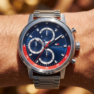 Close up shot of Tommy Hilfiger 1792179 on wrist showing the large silver case and multifunction dial