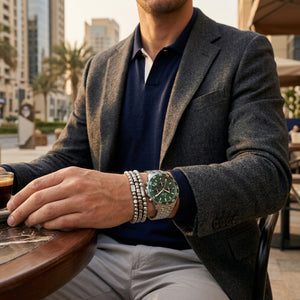 Lifestyle photo of Tommy Hilfiger 1792214 showing the watch on a man's wrist with silver bracelet