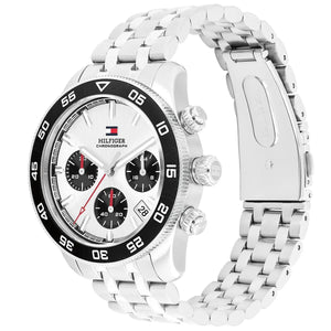 Angled real-life photo of Tommy Hilfiger 1792215 showing the silver case and black bezel