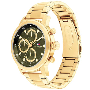 Perspective photo of Tommy Hilfiger 1792216 showing the side buttons and gold bracelet finish