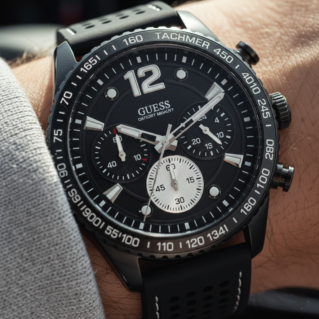 2. Macro shot of Guess W0971G1 on a masculine hairless wrist highlighting the black dial and white stitching