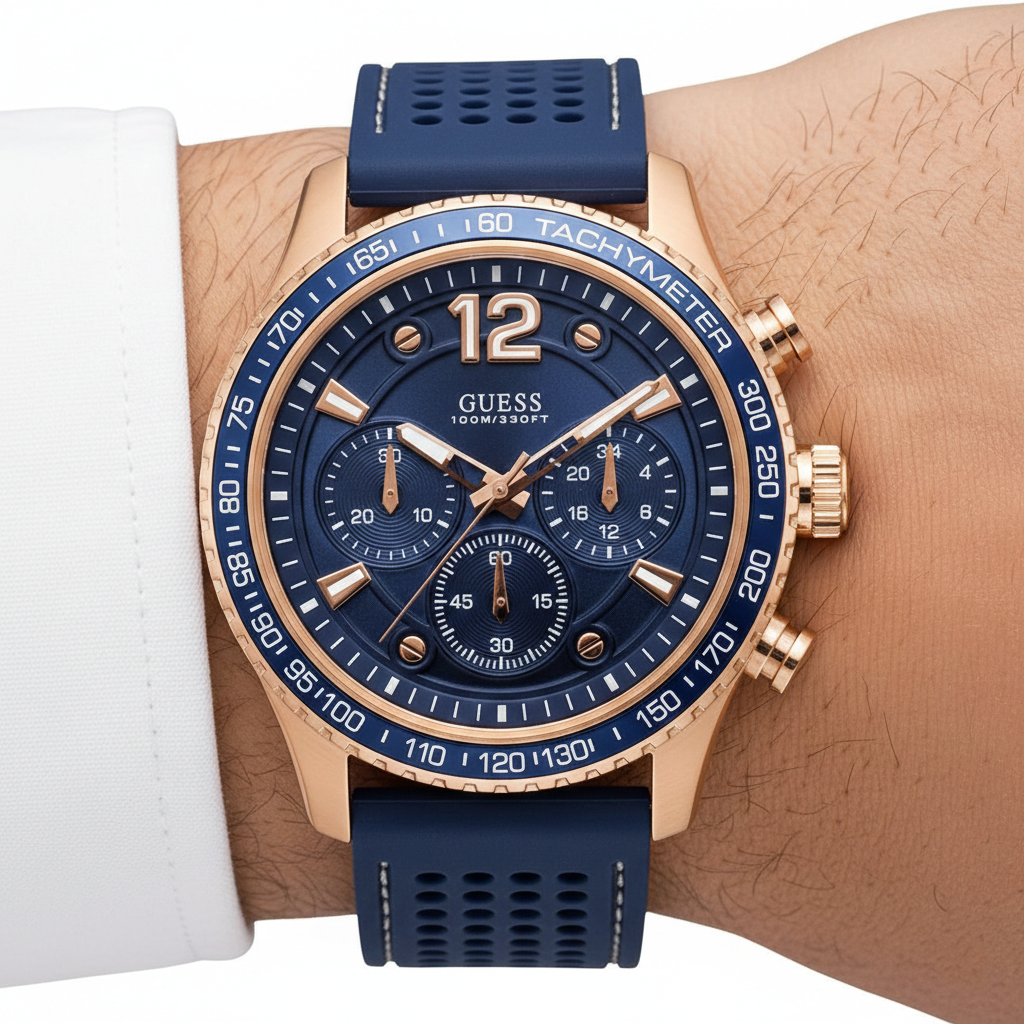 2. Close up shot of Guess W0971G3 on wrist highlighting the blue dial and rose gold hands