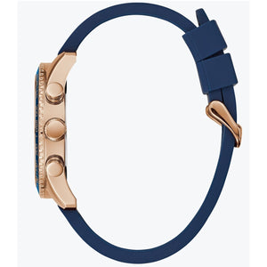 6. Side profile view of the 12mm rose gold case of the Guess W0971G3