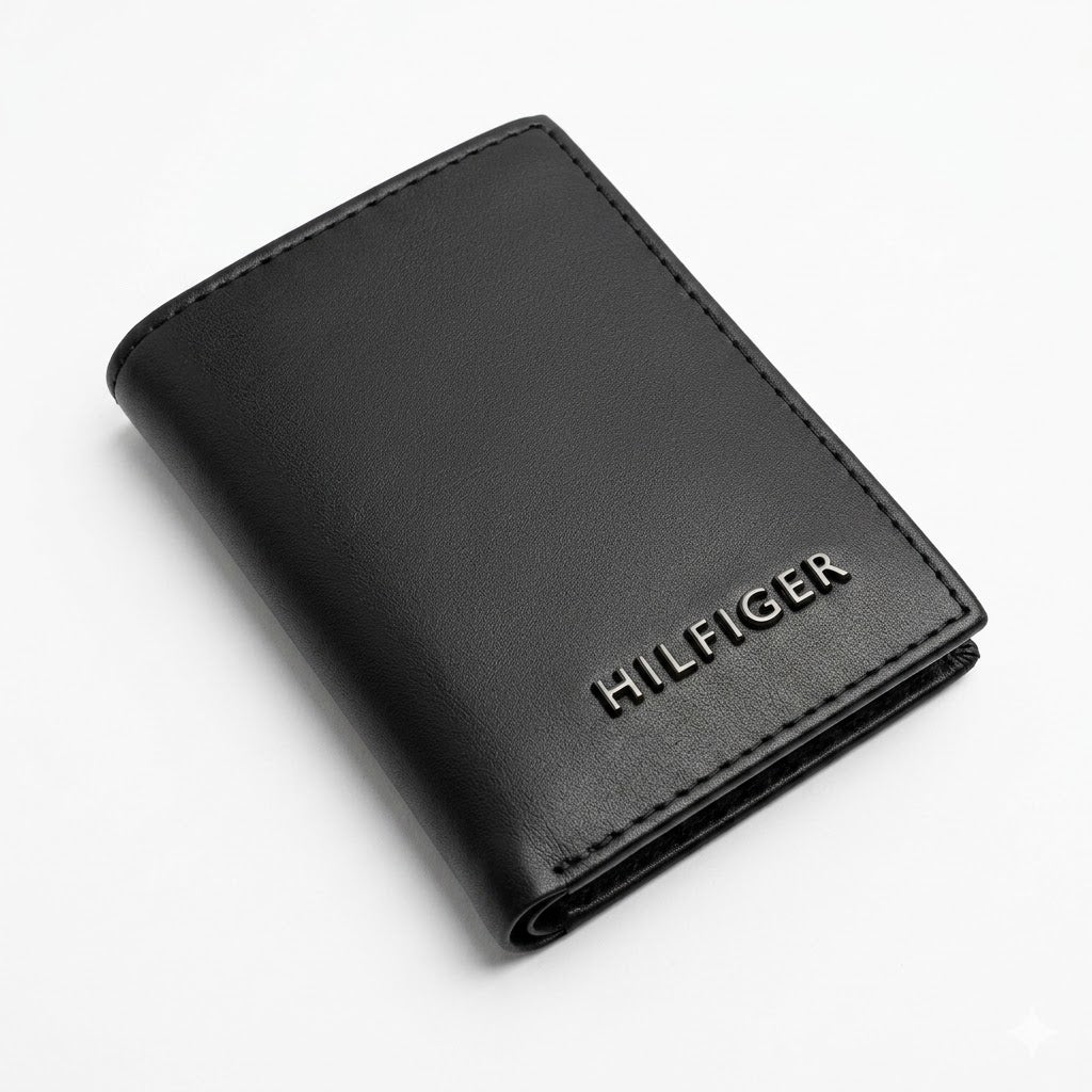 Tommy Hilfiger Men's Mirror Original Smooth Leather Trifold Wallet - Silver Metal Hilfiger Lettering - Black