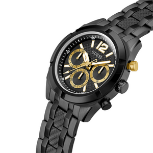 Side profile of Guess GW0714G4 showing the gold-tone buttons and black case