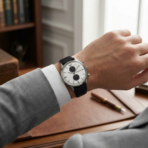 Gentleman in grey suit wearing Emporio Armani AR0385 classic panda dial watch