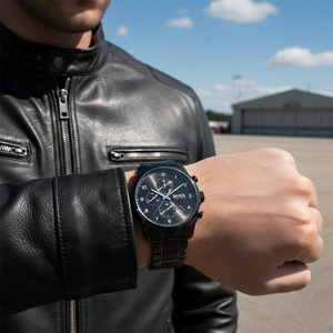 Male model wearing Hugo Boss Skymaster 1513785 black watch with a dark monochrome outfit