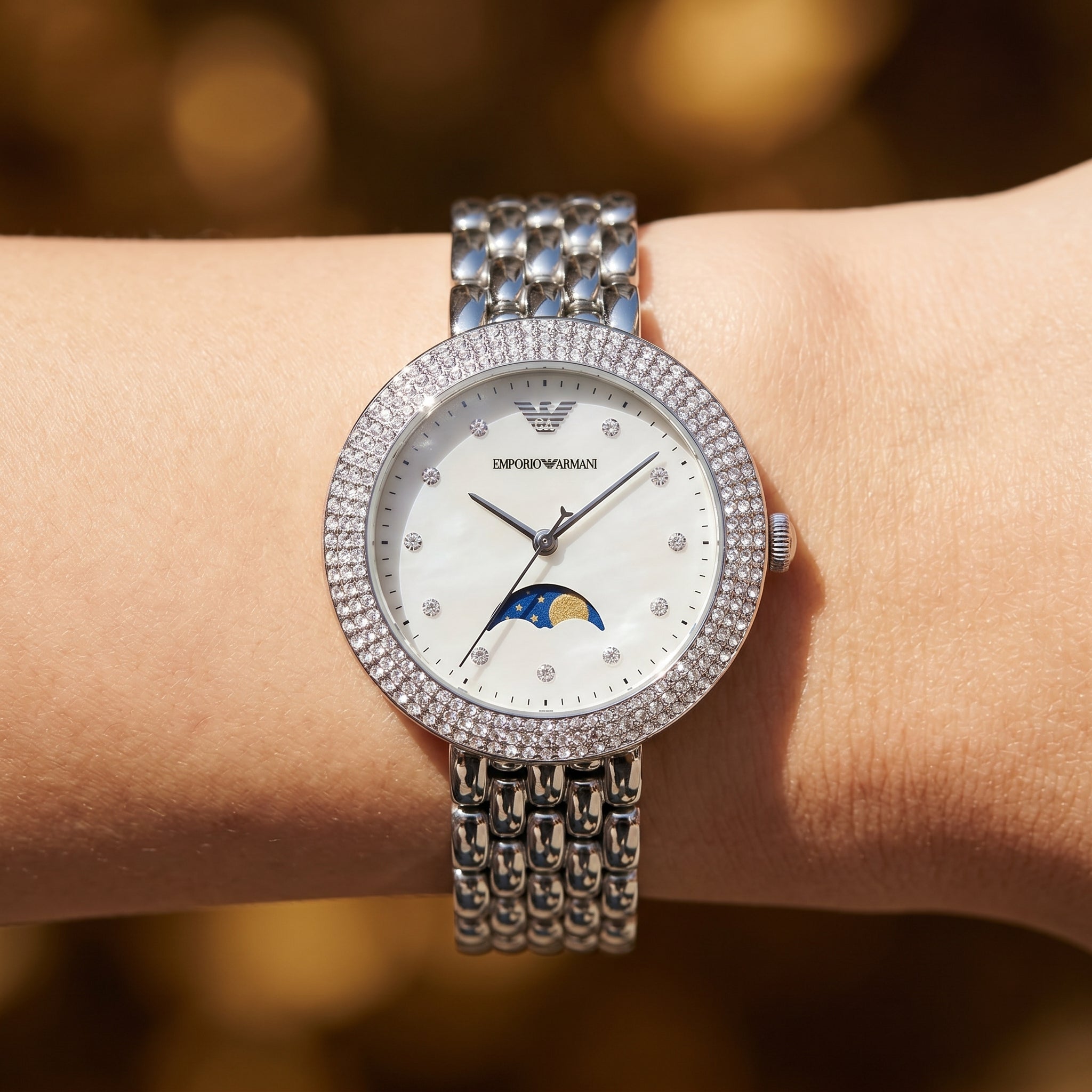 Close up shot of AR11461 highlighting the mother of pearl dial and celestial moonphase window