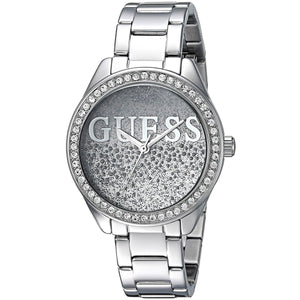 Angled view of the Guess W0987L1 highlighting the crystal set bezel and silver case
