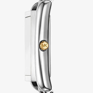 Right side profile view of the slim silver-tone rectangular case on the Michael Kors Emery watch