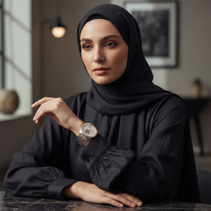 Female model wearing Tommy Hilfiger 1782716 two-tone watch with a luxury classic outfit