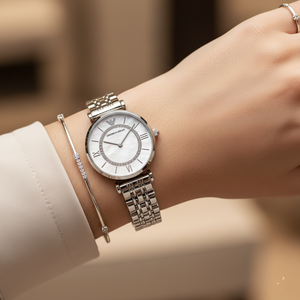 Emporio Armani AR1908 Women’s White Dial Silver Stainless Steel Gianni T-Bar Watch - Luxury Hub Store