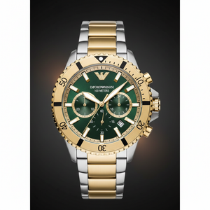 Emporio Armani AR11586 Men’s Green Dial Two-Tone Stainless Steel Diver Chronograph Watch - Luxury Hub Store