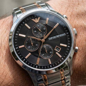 Detailed macro of Armani AR11165 chronograph dial and rose gold indices