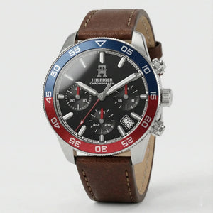 Tommy Hilfiger 1792166 Men’s Chronograph Watch – Black Dial, Pepsi Bezel & Brown Leather Strap - Luxury Hub Store