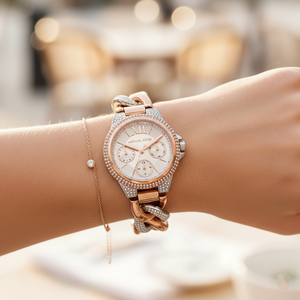 Michael Kors MK6843 Women’s Rose Gold & Silver Mini Camille Crystal Chain-Link Watch - Luxury Hub Store